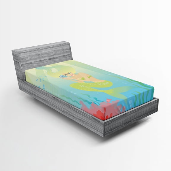 Ambesonne Ocean Fitted Sheet, Unusual Mermaid Shell, Twin Size, Coral Blue