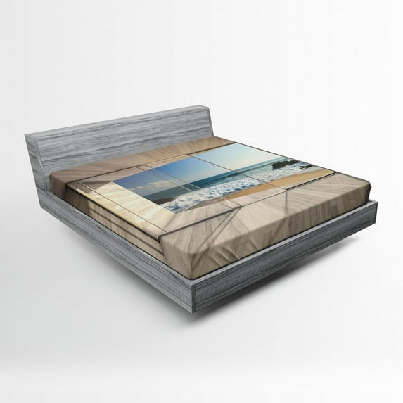 Ambesonne Ocean Fitted Sheet, View of Sea Waves Rocks, Full Size, Beige Blue White