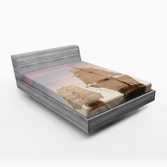 Ambesonne Ocean Fitted Sheet, Wooden Sailing Ship Waves, Queen Size, Cream and Blue Grey