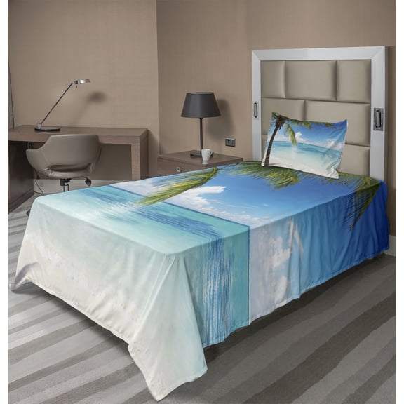 Ambesonne Ocean Fitted & Top Sheet Set with Sham, Exotic Beach Shoreline, Green Blue White