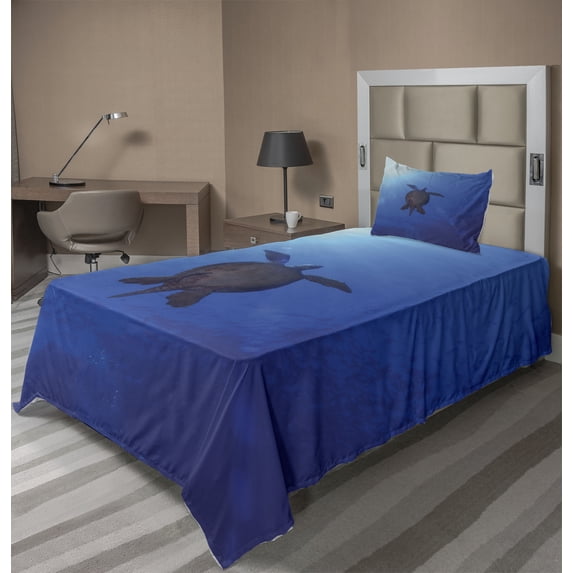 Ambesonne Ocean Fitted & Top Sheet Set with Sham, Sea Turtle in Deep Sea, Aqua Navy Brown