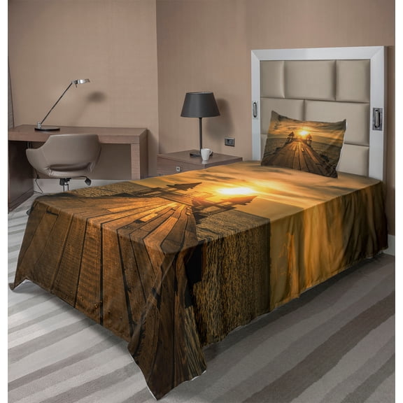 Ambesonne Ocean Fitted & Top Sheet Set with Sham, Wooden Dock Bangkok Bay, Dark Blue Yellow Brown