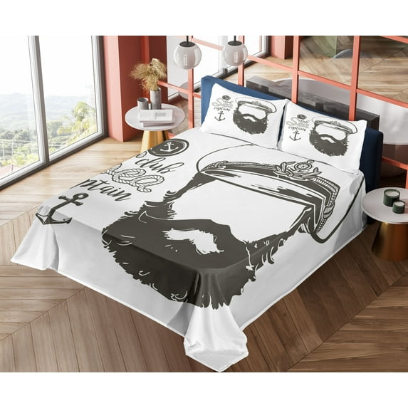 Ambesonne Ocean Fitted & Top Sheet Set with Shams, Hat and Beard Seaman, Brown White