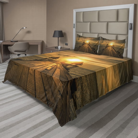 Ambesonne Ocean Fitted & Top Sheet Set with Shams, Wooden Dock Bangkok Bay, Dark Blue Yellow Brown