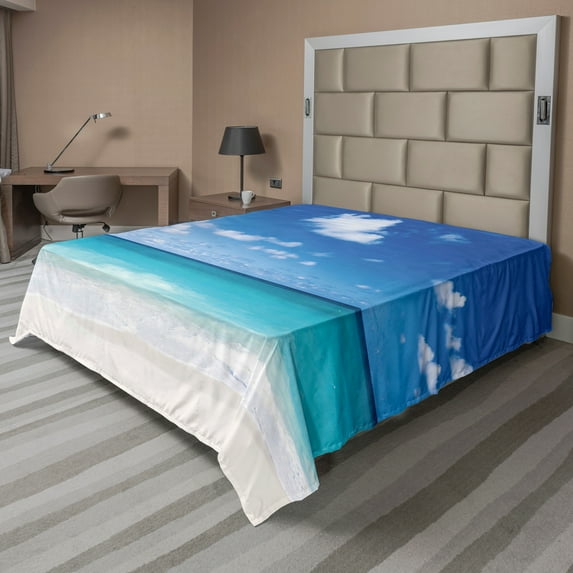 Ambesonne Ocean Flat Sheet, Barbados Coastline Summer, Full Size, Blue Aqua Coconut