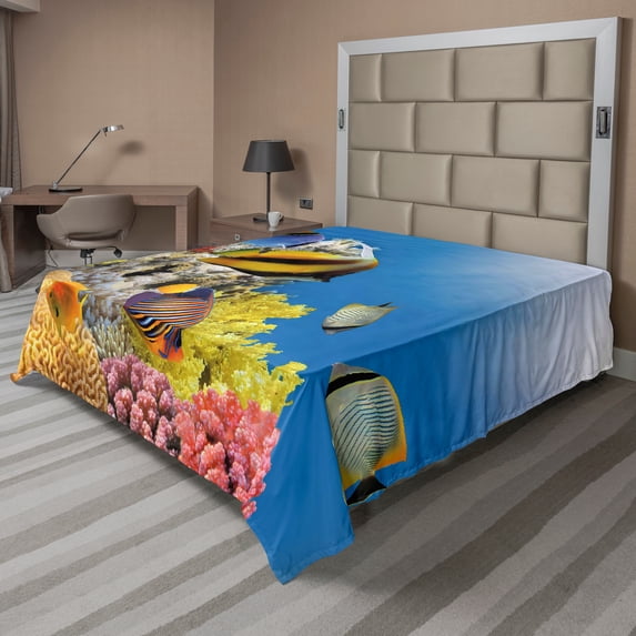 Ambesonne Ocean Flat Sheet, Coral Colony on Reef Top, King Size, Multicolor