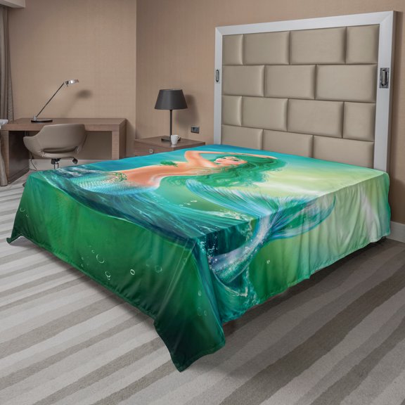 Ambesonne Ocean Flat Sheet, Mermaid Tail Waves Sea, California King, Blue Green