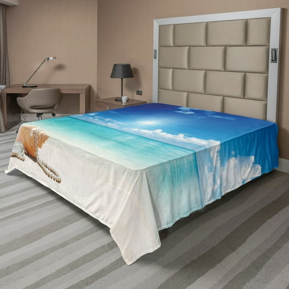 Ambesonne Ocean Flat Sheet, Seashells Tropical Beach, California King, Turquoise and Cream