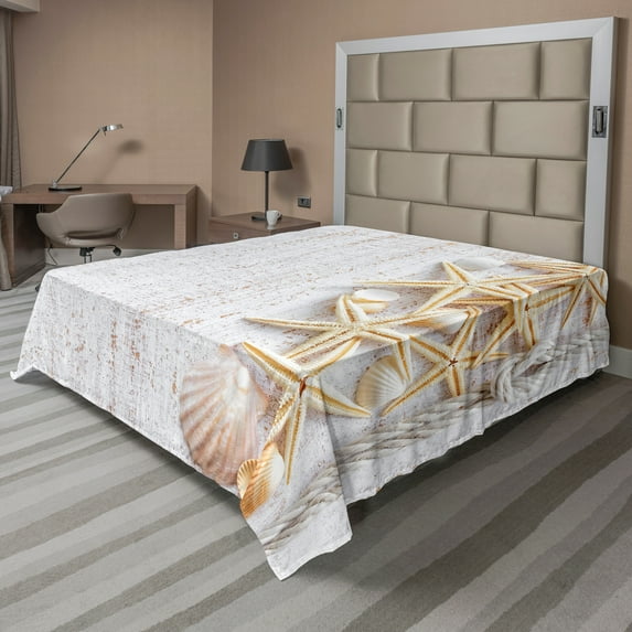 Ambesonne Ocean Flat Sheet, Seashells and Starfish, Full Size, Ivory