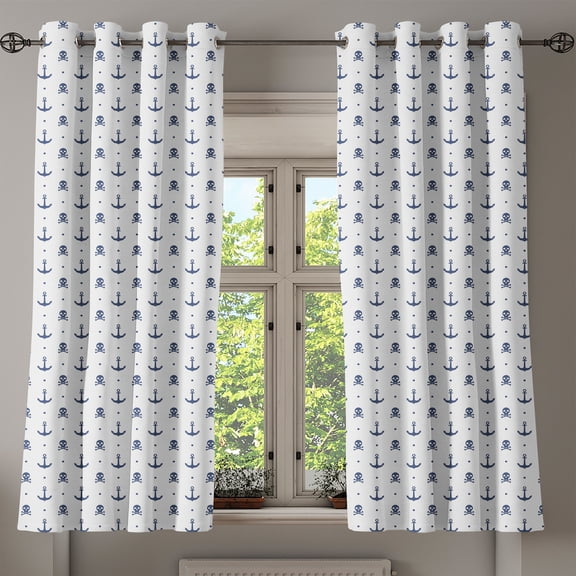 Ambesonne Ocean Grommet Curtain, Anchors and Skulls Bones, 50" x 63", Navy Blue