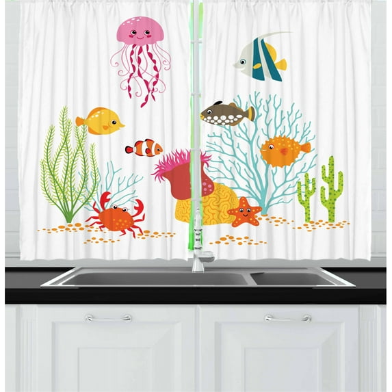 Ambesonne Ocean Kitchen Curtains, Cartoon Underwater Coral, 55"x39", Multicolor