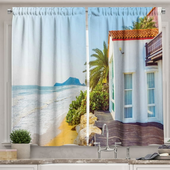 Ambesonne Ocean Kitchen Curtains, Home Porch View Moroccan, 55"x45", Multicolor