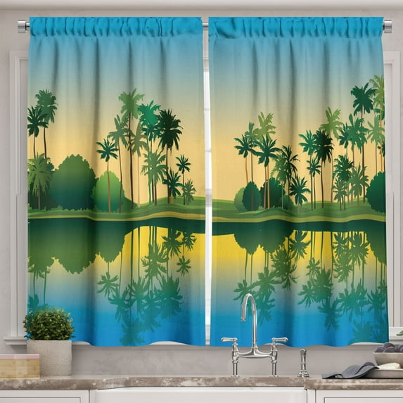 Ambesonne Ocean Kitchen Curtains, Jungle Island Reflections, 55"x24", Green Pale Yellow Blue