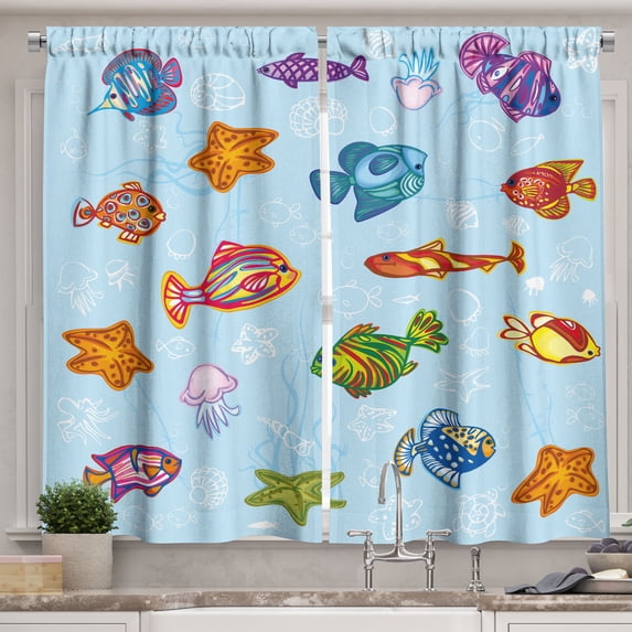 Ambesonne Ocean Kitchen Curtains, Navy Nautical Life Sea, 55"x39", Multicolor