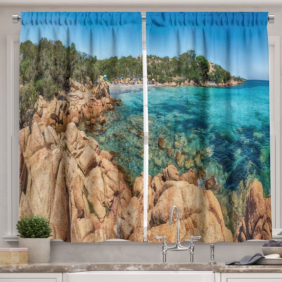 Ambesonne Ocean Kitchen Curtains, Photo of Sea Trees Beach Art, 55"x39", Sky Blue Dark Peach