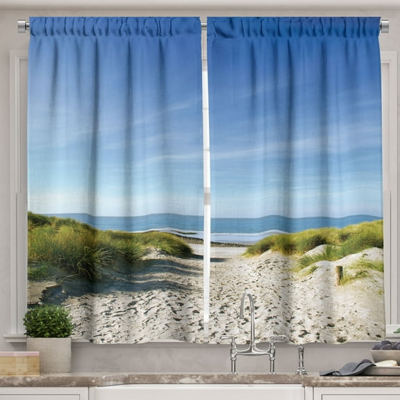 Ambesonne Ocean Kitchen Curtains, Sandy Path to the Ocean, 55"x30", Sand Brown Sky Blue