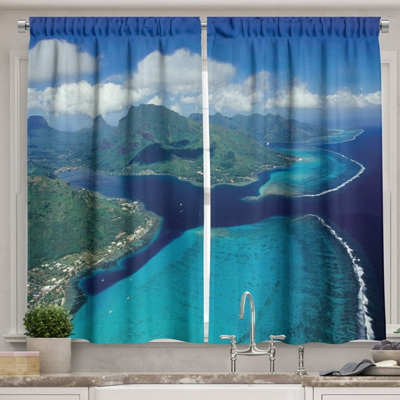 Ambesonne Ocean Kitchen Curtains, Top View Islands Clouds Print, 55"x39", Cobalt Blue and Grey Teal