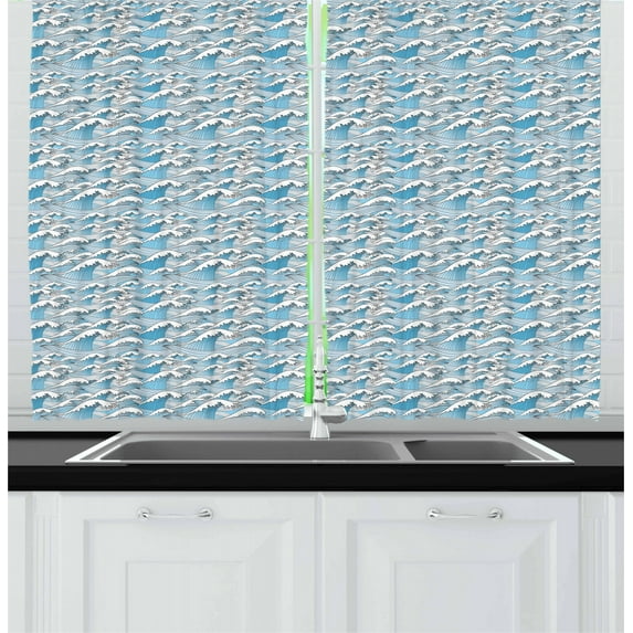 Ambesonne Ocean Kitchen Curtains, Wavy Sea Marine Stripes, 55"x39", Pale Blue White