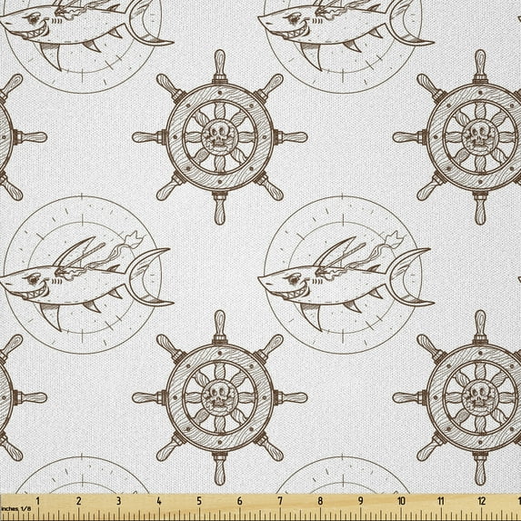 Ambesonne Ocean Life Fabric by the Yard Microfiber, Nautical Shark and Ship, 1 Yard, White Caramel
