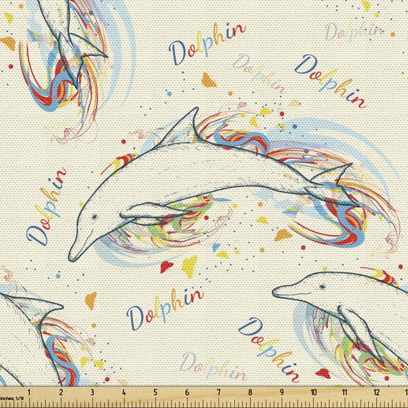 Ambesonne Ocean Life Fabric by the Yard Upholstery, Swimming Dolphins, 3 Yards, Multicolor