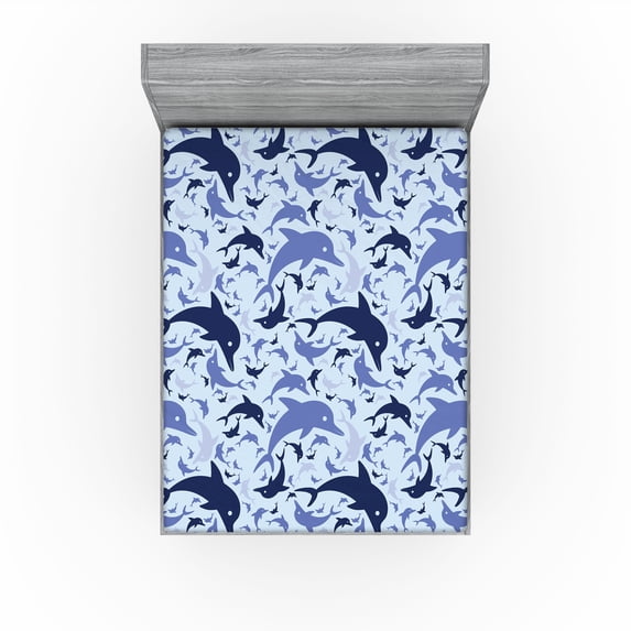 Ambesonne Ocean Life Fitted Sheet, Aquamarine Dolphin Print, Queen Size, Soft Blue Blue Violet