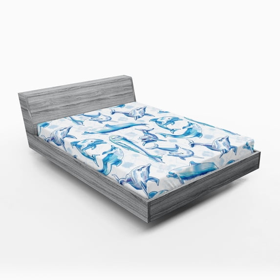 Ambesonne Ocean Life Fitted Sheet, Sketch of Dolphins, Full Size, Turquoise White