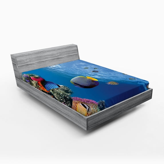 Ambesonne Ocean Life Fitted Sheet, Underwater Fish Sea, Full Size, Blue