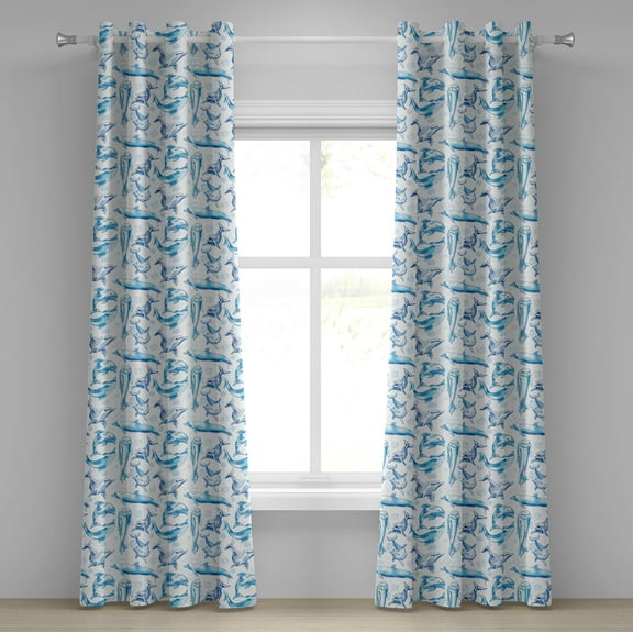 Ambesonne Ocean Life Grommet Curtain, Sketch of Dolphins, 50" x 72", Turquoise White