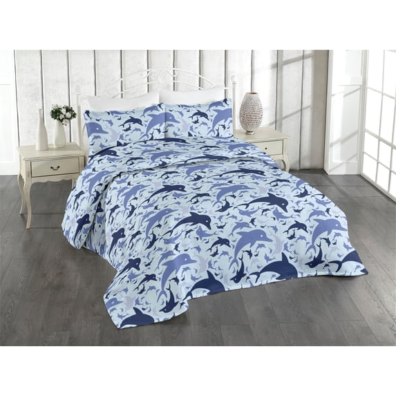 Ambesonne Ocean Life Quilted Bedspread Set 3 Pcs, Aquamarine Dolphin Print, King, Soft Blue Blue Violet
