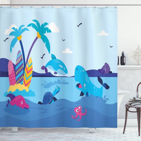 Ambesonne Ocean Life Shower Curtain, Sea Animals Palm Trees, 69"Wx75"L, Sky Blue Earth Yellow
