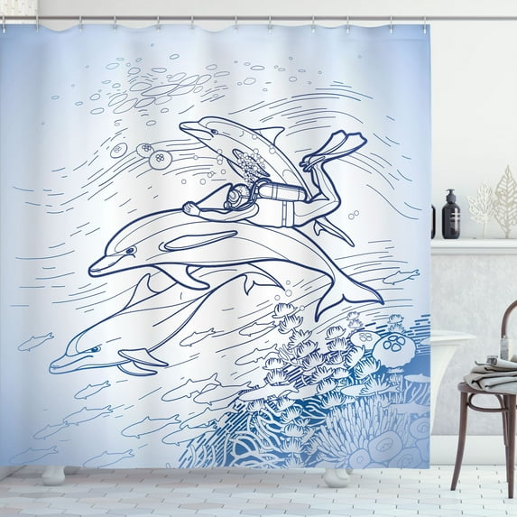 Ambesonne Ocean Life Shower Curtain, Sketch Scuba Diver, 69"Wx84"L, Multicolor
