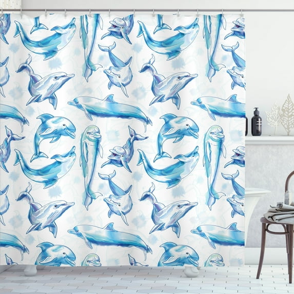 Ambesonne Ocean Life Shower Curtain, Sketch of Dolphins, 69"Wx84"L, Turquoise White