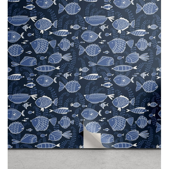 Ambesonne Ocean Peel & Stick Wallpaper for Home, Tropic Fish Moss Leaves, 13"x100", Blue Indigo Royal Blue
