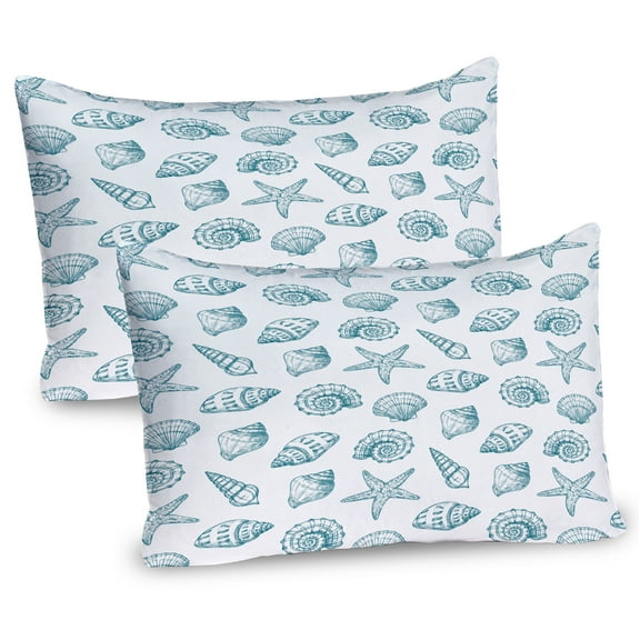 Ambesonne Ocean Pillow Sham 2 Pack, Beach Sea Shells Nautical, 26"x20", Petrol Blue White