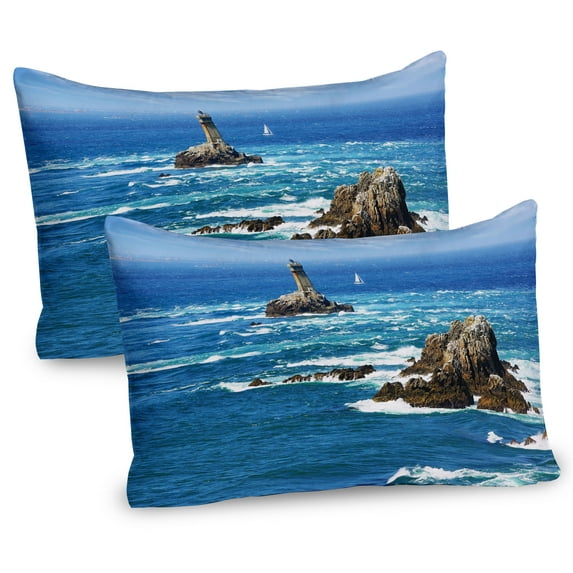 Ambesonne Ocean Pillow Sham 2 Pack, Daytime Wavy Rocky Sea, 36"x20", Blue Grey White