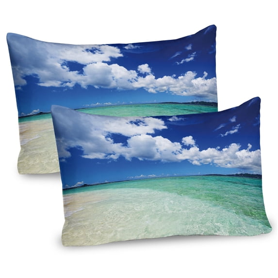 Ambesonne Ocean Pillow Sham 2 Pack, Island Sealife Wavy Sunny, 26"x20", Blue Cream Teal