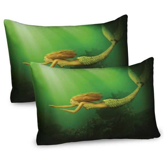 Ambesonne Ocean Pillow Sham 2 Pack, Mermaid with Fish Tail, 36"x20", Dark Green Ginger Green