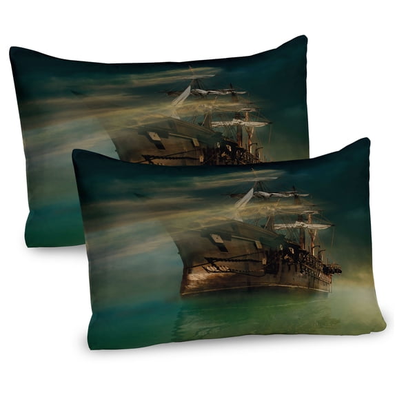 Ambesonne Ocean Pillow Sham 2 Pack, Old Ship on Calm Waters, 26"x20", Green Brown Dark Blue