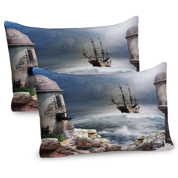 Ambesonne Ocean Pillow Sham 2 Pack, Pirate Merchant Ship, 26"x20", Pale Muave Beige