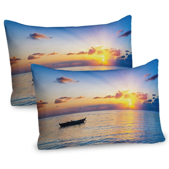 Ambesonne Ocean Pillow Sham 2 Pack, Rising Sun Sea Maldives, 36"x20", Blue Coral Yellow