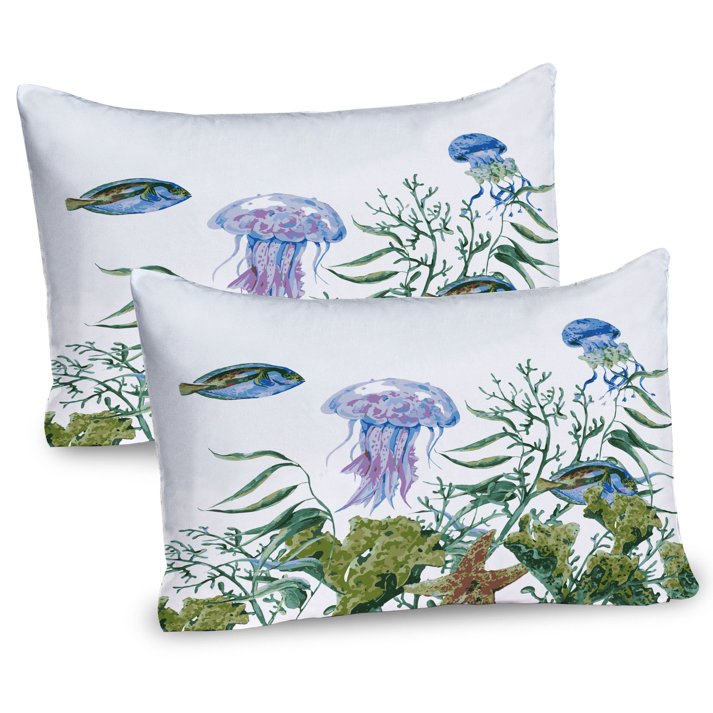 Ambesonne Ocean Pillow Sham 2 Pack, Seaweed Jellyfish Fish, 30