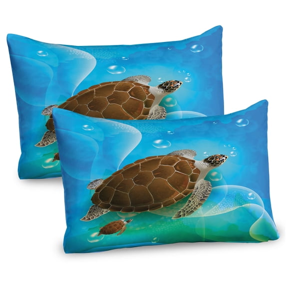 Ambesonne Ocean Pillow Sham 2 Pack, Swimming Turtle Family, 26"x20", Green Blue Brown