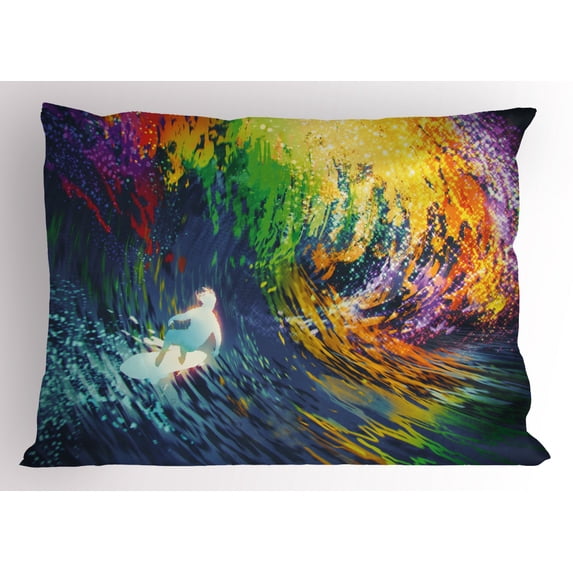 Ambesonne Ocean Pillow Sham, Exotic Surfer on Waves, 26" X 20", Multicolor