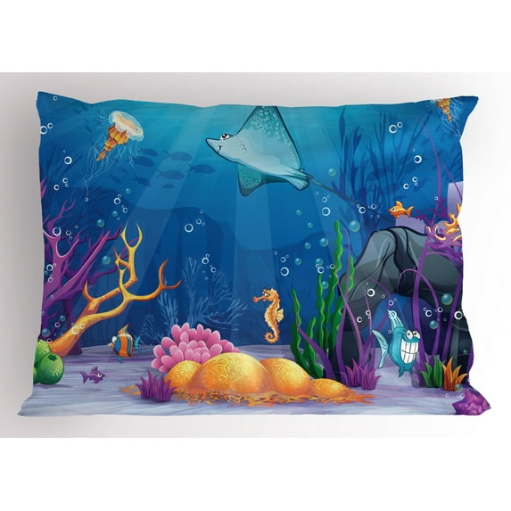 Ambesonne Ocean Pillow Sham, Marine Life Fish Moss, 26" X 20", Multicolor