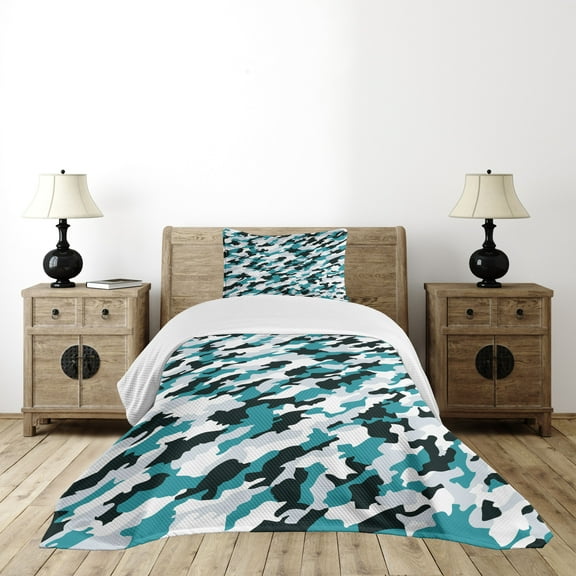 Ambesonne Ocean Quilted Bedspread Set 2 Pcs, Aquatic Camouflage Tile, Twin Size, Dark Green White