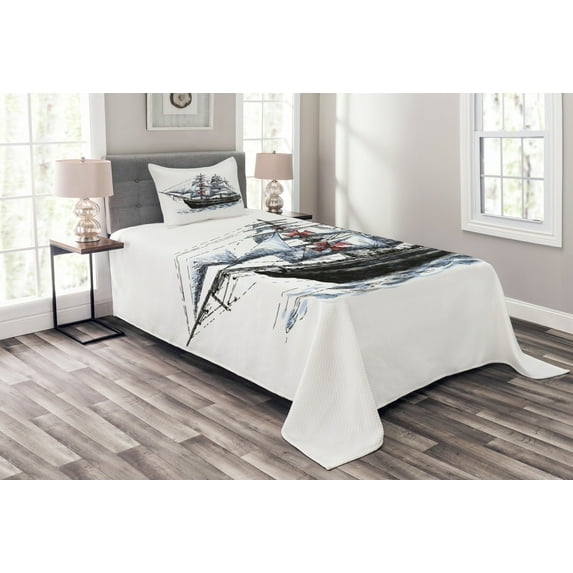 Ambesonne Ocean Quilted Bedspread Set 2 Pcs, Columbus Ship Sailing, Twin Size, Multicolor