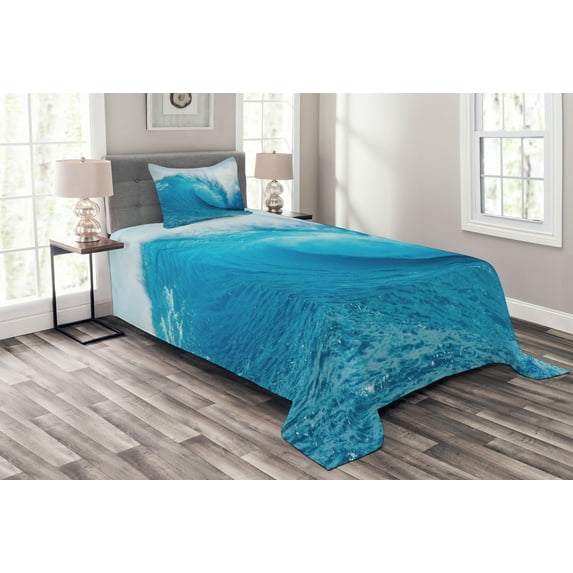 Ambesonne Ocean Quilted Bedspread Set 2 Pcs, Extreme Water Sports, Twin Size, Aqua White