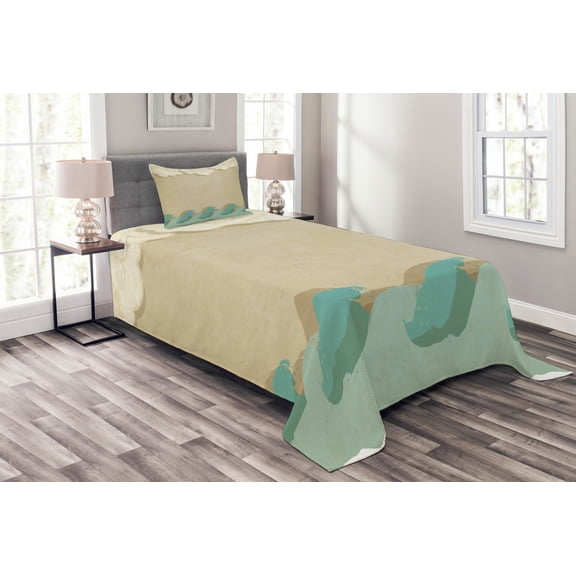 Ambesonne Ocean Quilted Bedspread Set 2 Pcs, Grunge Old, Twin Size, Sand Brown Seafoam Cream