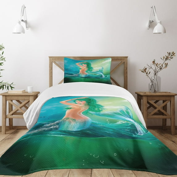 Ambesonne Ocean Quilted Bedspread Set 2 Pcs, Mermaid Tail Waves Sea, Twin Size, Blue Green