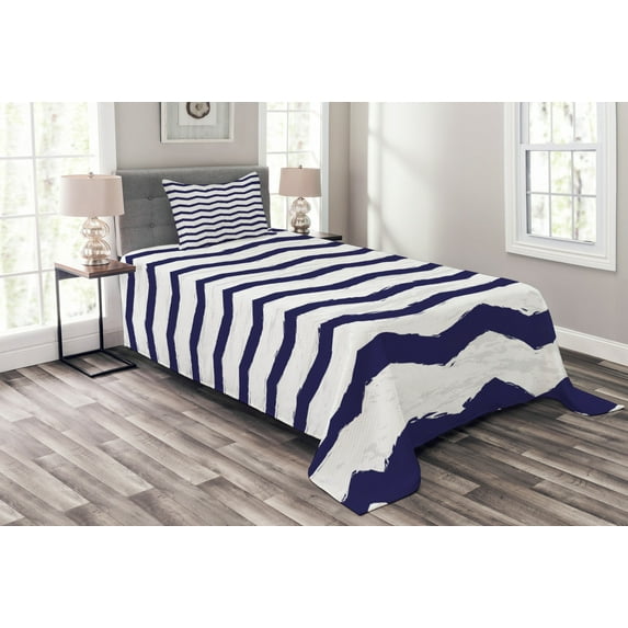 Ambesonne Ocean Quilted Bedspread Set 2 Pcs, Nautical Sea Life Cottage, Twin Size, Indigo White